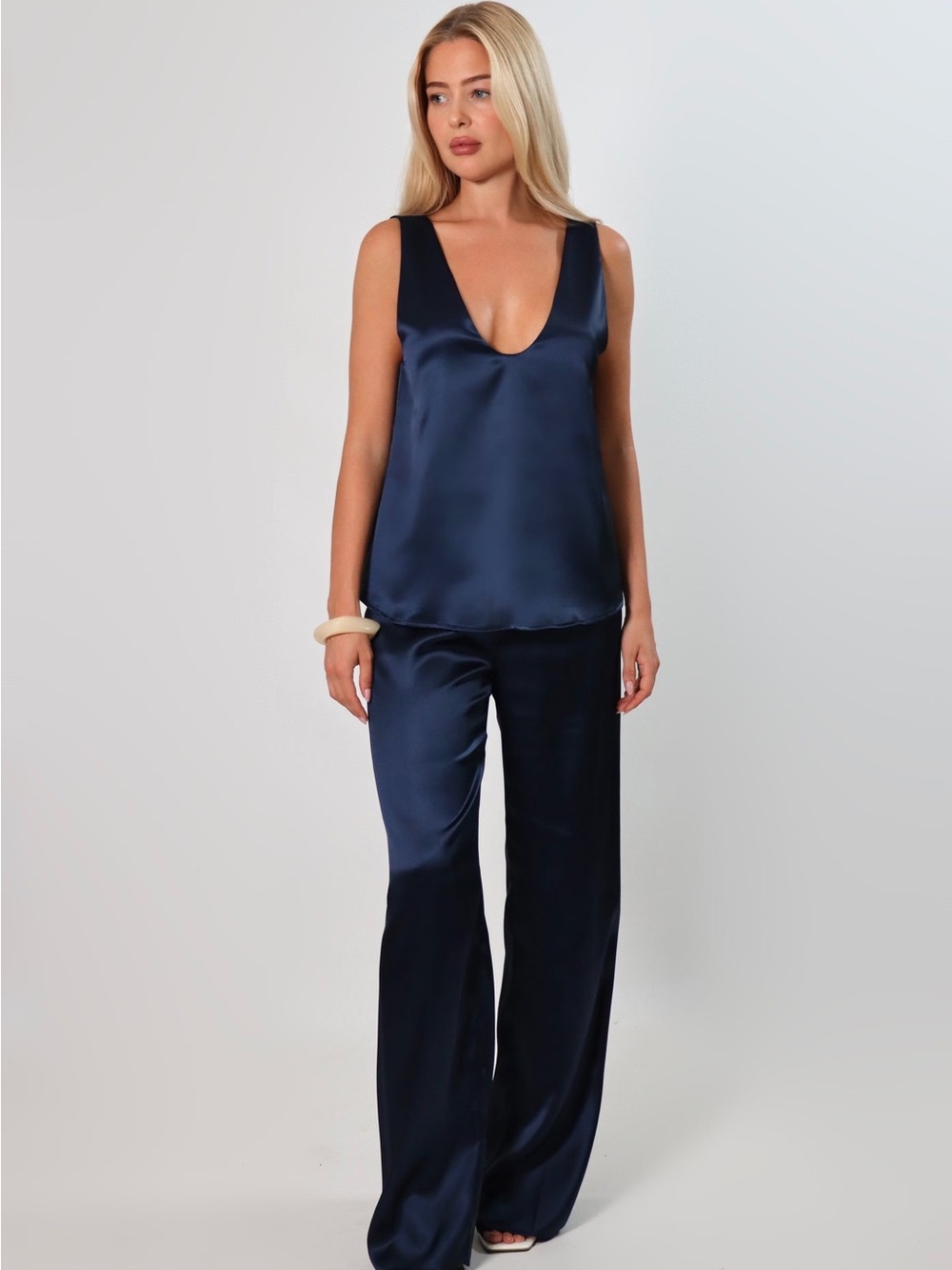 Satin Navy Deep V Tank Top